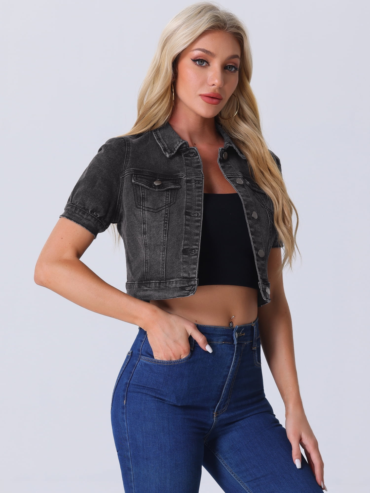 DARING DIVA Women's Cropped Jackets Puff Button Down Washed Denim Jean Jacket XL Dark Gray