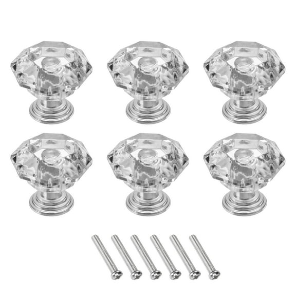 Uxcell 6 Pcs Crystal Drawer Knobs 24 mm Dresser Pulls Knobs for Cupboard, Clear/Silver