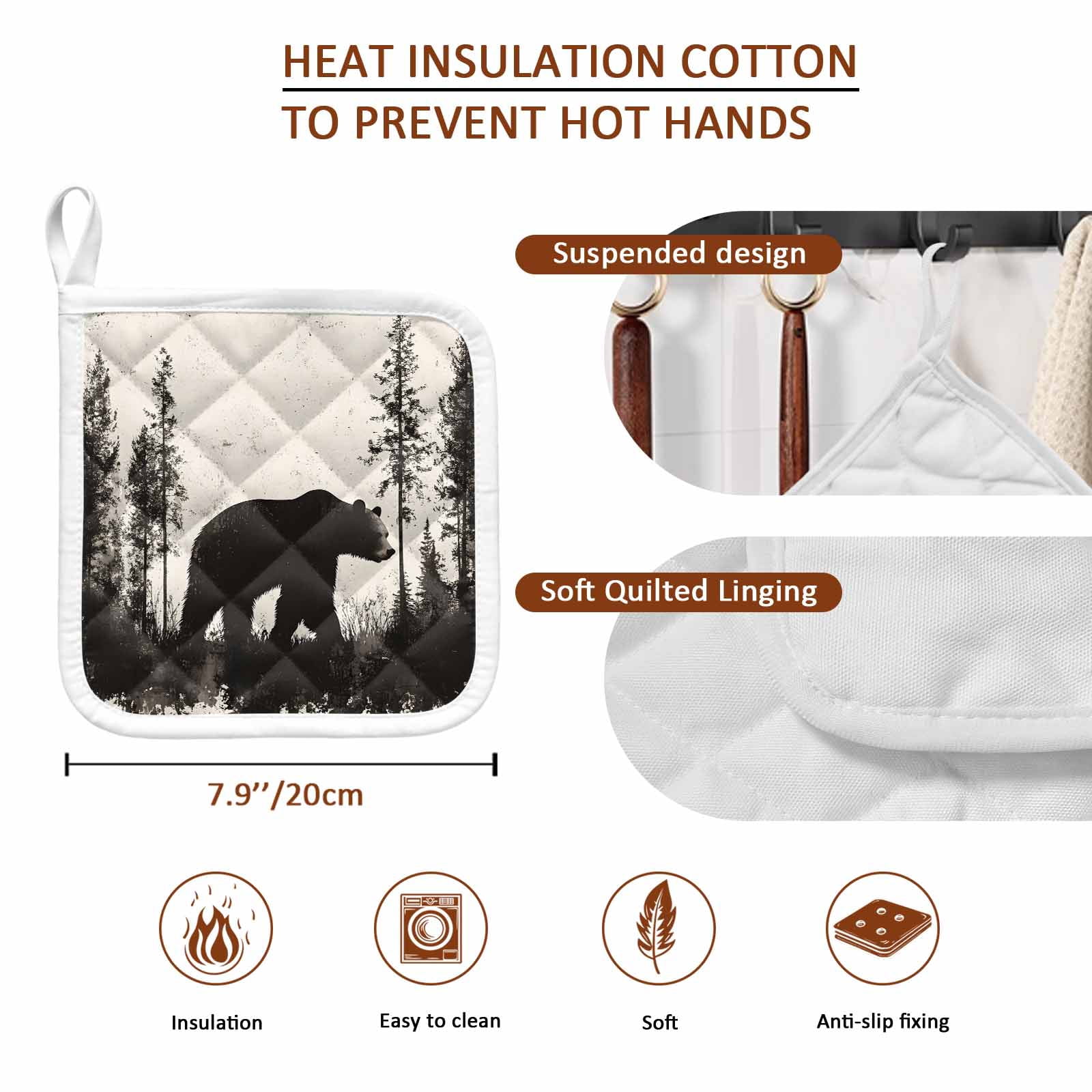 Black Bear Pot Holders for Kitchen Heatproof Potholder, 4 Pack Vintage Forest Cabin Animals Silhouette Hot Pads Multipurpose Oven Pads Cloth Potholders Trivet for Cooking and Baking