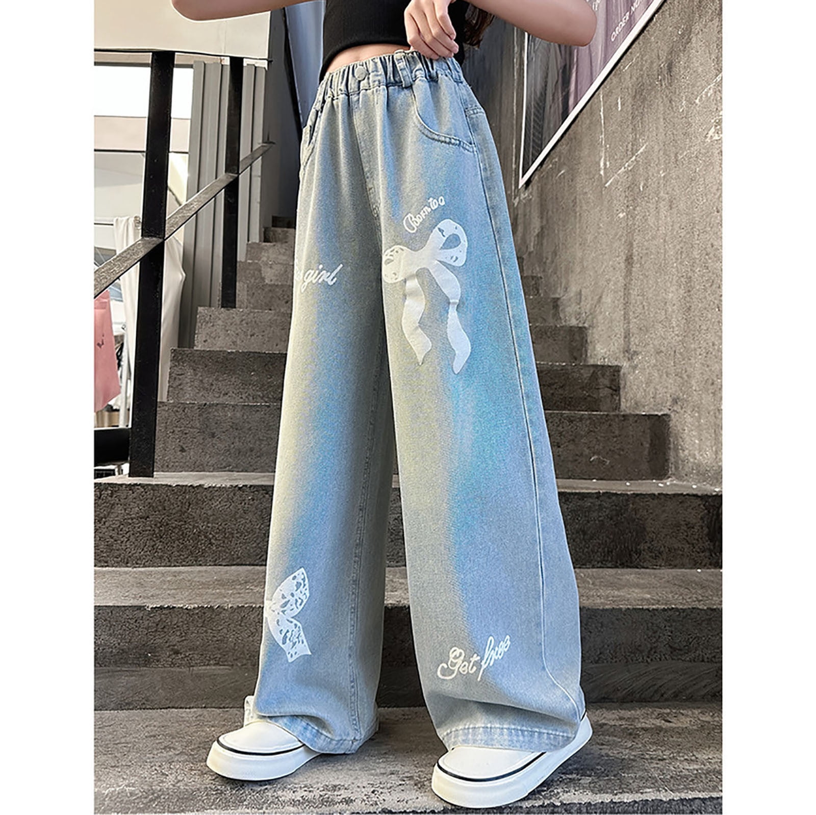 Tfken Jeans For Girls White Wash Wide-Leg Girlfriend Elastic Waist