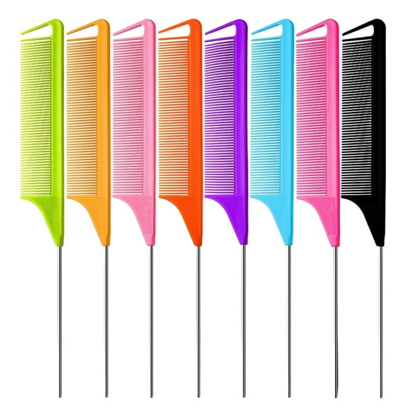 8 PCS Rat Tail Comb Set - Essential Fine Tooth Teasing Comb for Women & Girls, Professional Braiding & Parting Tool, Durable Stainless Steel Pintail & Heat Resistant Carbon Fiber Design