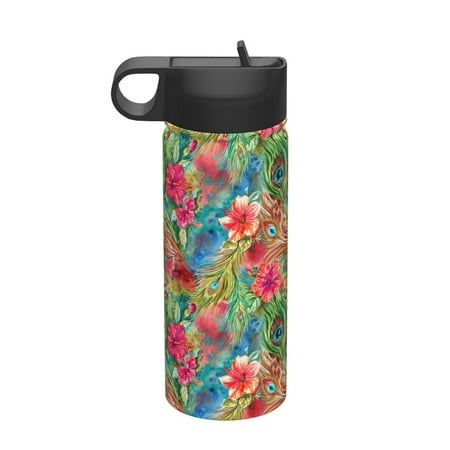 

Gaeub Peacock Feathers And Flowers Printed 18oz Sports Insulated Kettle With Straw Sports Insulated Bottle Water Bottle For Running Hiking Cycling Climbing Mens Womans Insulated Water Bottle