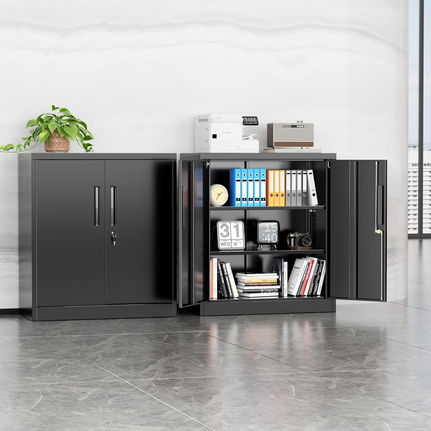 SOLAURA Metal Storage Cabinet with Locking Doors and 2 Adjustable Shelves, 36"H x 32"W x 16"D Office Cabinet for Home, Garage, Warehouse(Black)