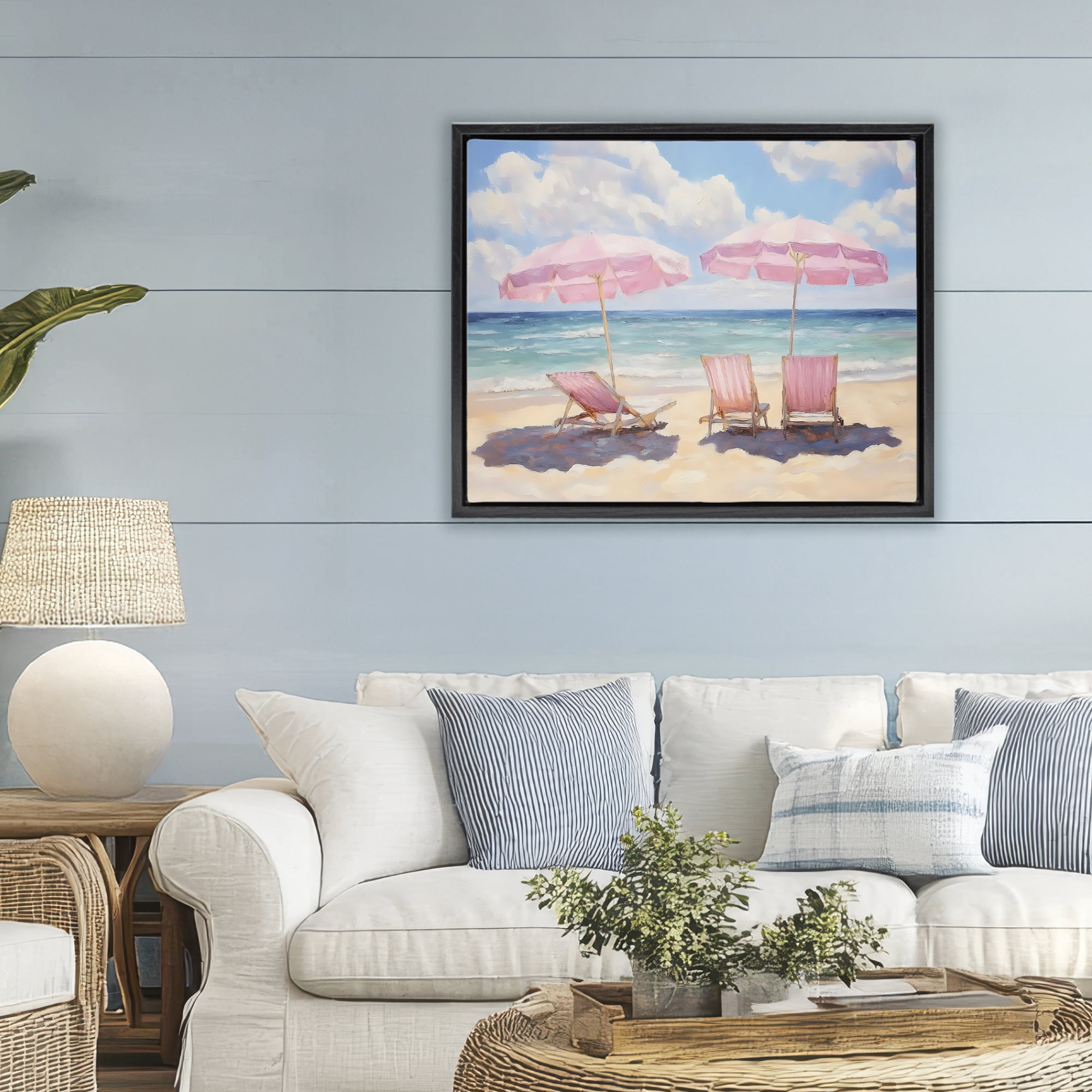 Stupell Industries Pink Summer Chairs by the Sea Black Framed Floater Canvas Wall Art, design by LSR Design Studio