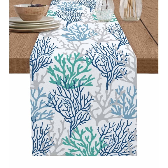 Hokiten Table Runners 60 Inches Long Dress Scarves, Blue Teal Grey Coral Coastal Farmhouse Kitchen/Dining Table Runner, Small Coffee Tablerunners, Summer Beach Nautical Ocean 13x60 Inch