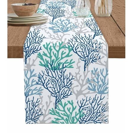 

Blue Teal Grey Coral Coastal Table Runner Summer Beach Nautical Ocean Tablerunners 14 x 72 Inch Table Decorations Tabletop Scarf for Summer Gathering Holiday Farmhouse Kitchen Dining Decor
