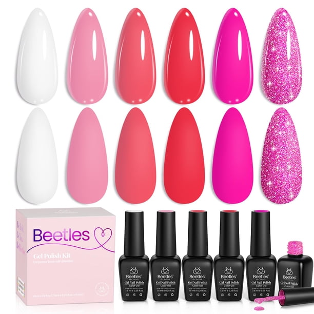 Set de esmaltes de uñas en gel con forma de escarabajos, 6 colores, rosa intenso y rojo