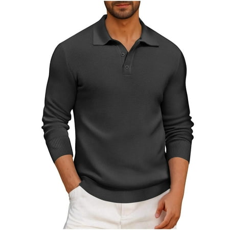 YLSDY Mens Casual Knit Button Collared Shirt Solid Color Long Sleeve Collared Top Tshirt Basic Button Up Pullover Sweater Golf Shirt Dark Gray M