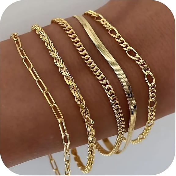 DESIGNICE Gold Bracelets, 14K Gold Plated Women's Cute Tennis Cubic Beaded Link Paperclip Dainty Bracelet Pack