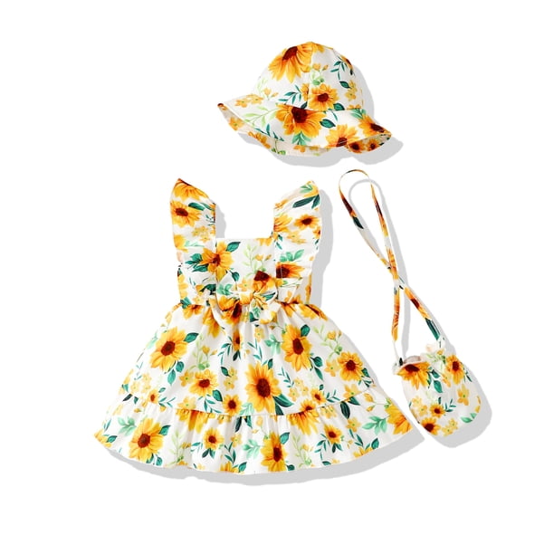 Vestido Renotemy, vestido de verano con gorro y girasoles amarillos para niña