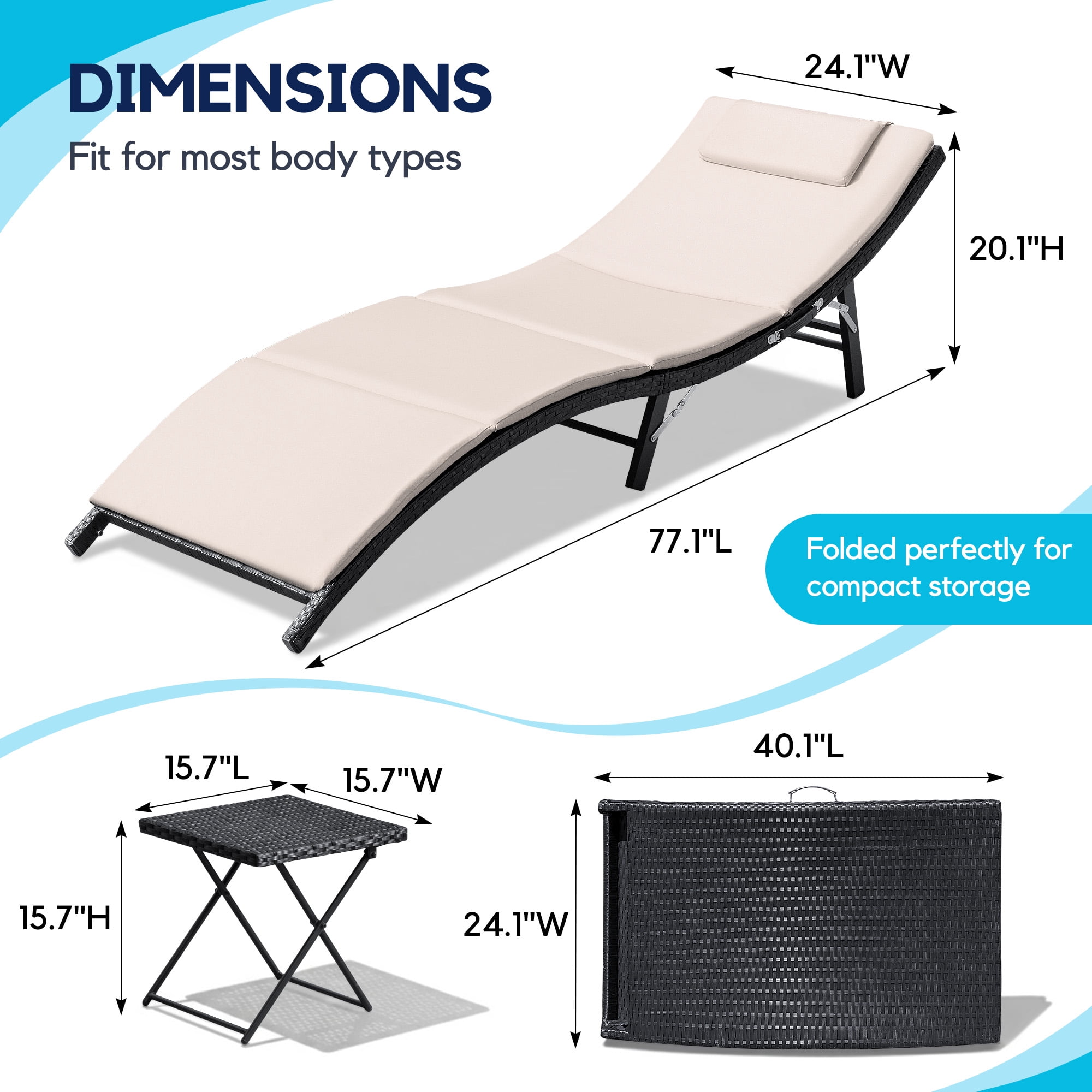 Homall 3 Pieces Patio Chaise Lounge Chair Sets Outdoor Beach Pool PE Rattan Reclining Chair with Folding Table and Cushion, Beige