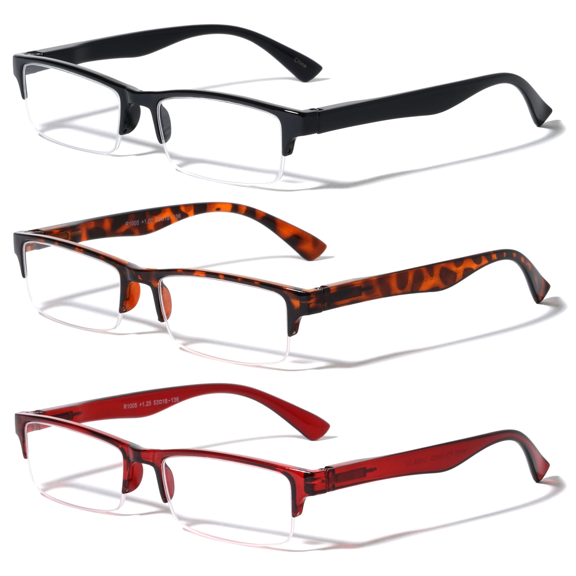 3 Pairs Rectangular Half Rim Reading Glasses - Simple Classic Clear Lens Reader - Spring Hinges +1.00