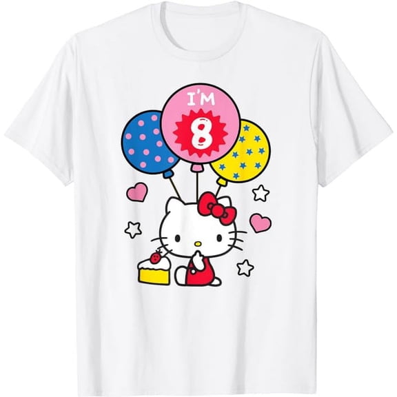 Hello Kitty I'm 8 Birthday T-Shirt, 8th BD Gift For Boys Girls Kids, White Color, Size S