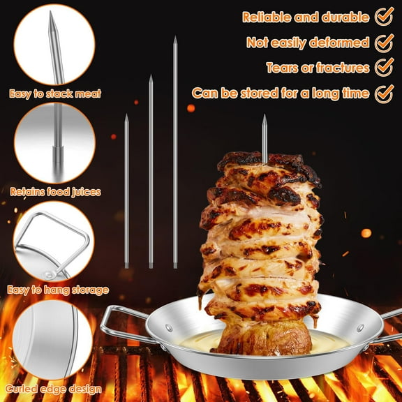 Al Pastor Skewer for Grill, Stainless Steel Vertical Skewer, Brazilian Vertical Spit Stand with 3 Removable Spikes(8”/10"/12”)& Brushes, for Tacos Al Pastor, Shawarma Kebabs Smoker Oven BBQ Dishes