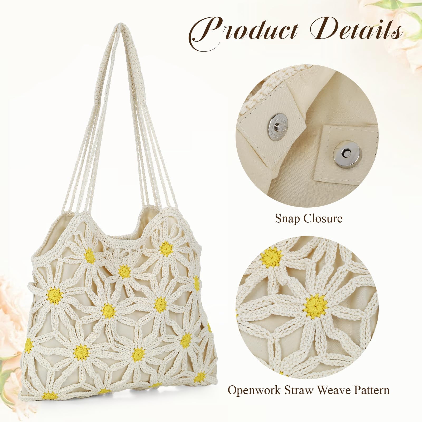 Women's Summer Crocheted Beach Tote Bag, Mesh Floral Knit Shoulder Bag
