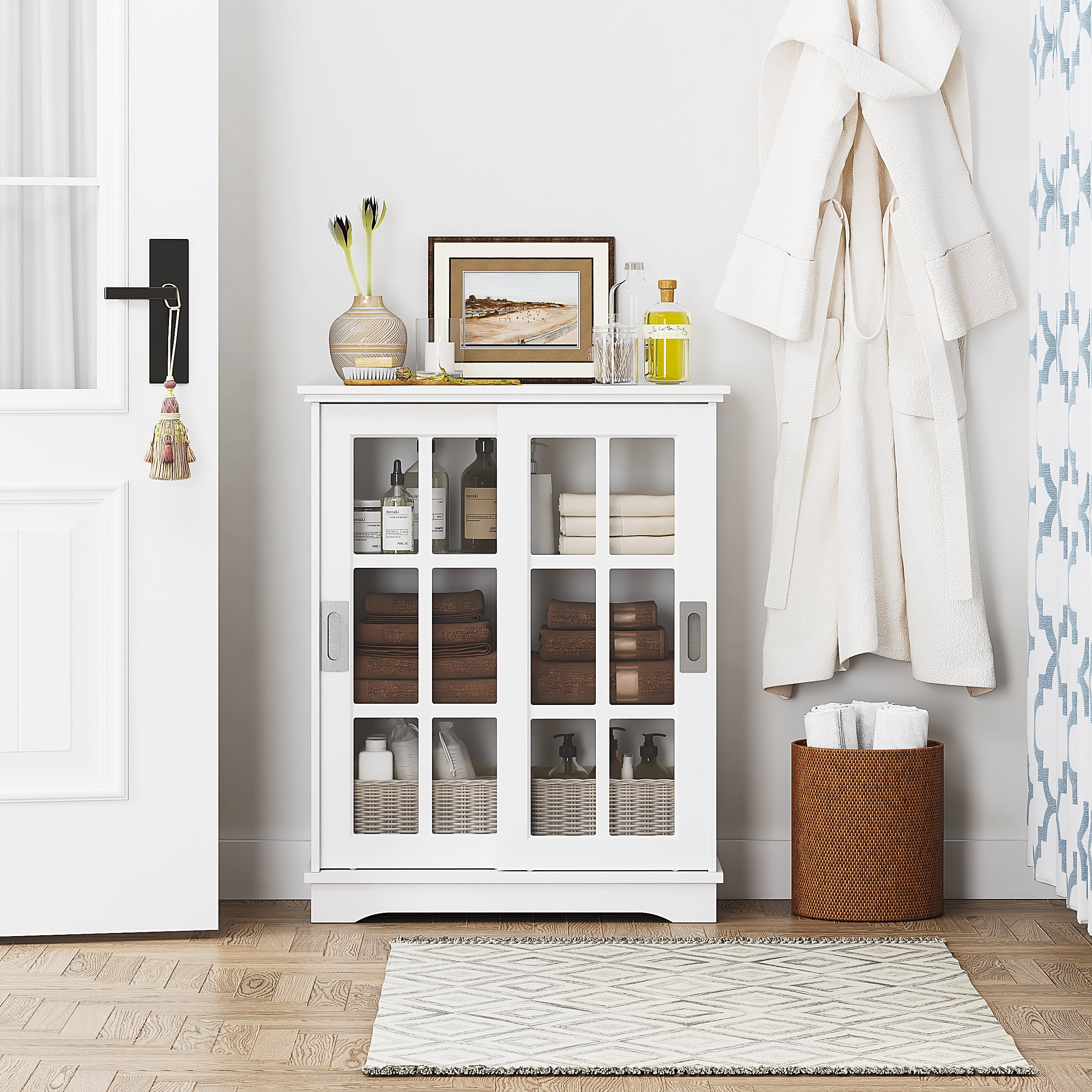 Spirich Home Sideboard Buffet Storage with Sliding Barn Glass