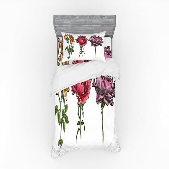 Ambesonne Floral Bedding Set 3 Pcs, Various Rose Flower Types, Twin, Pink Lime Green