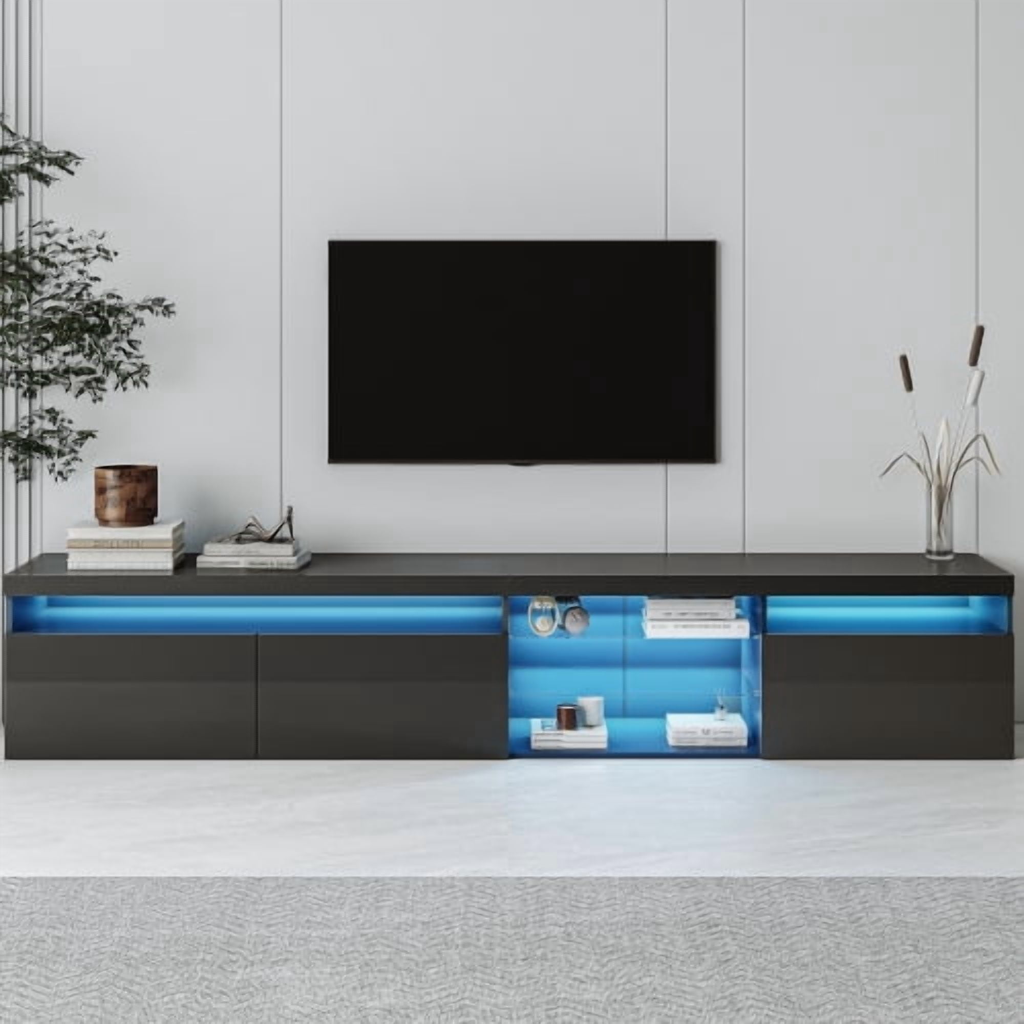 HICOMILA LED TV Stand for 80/90/100 inch TVs, Large Entertainment Center Console Table with 4 Glass Shelves & 2 Storage Cabinets, White