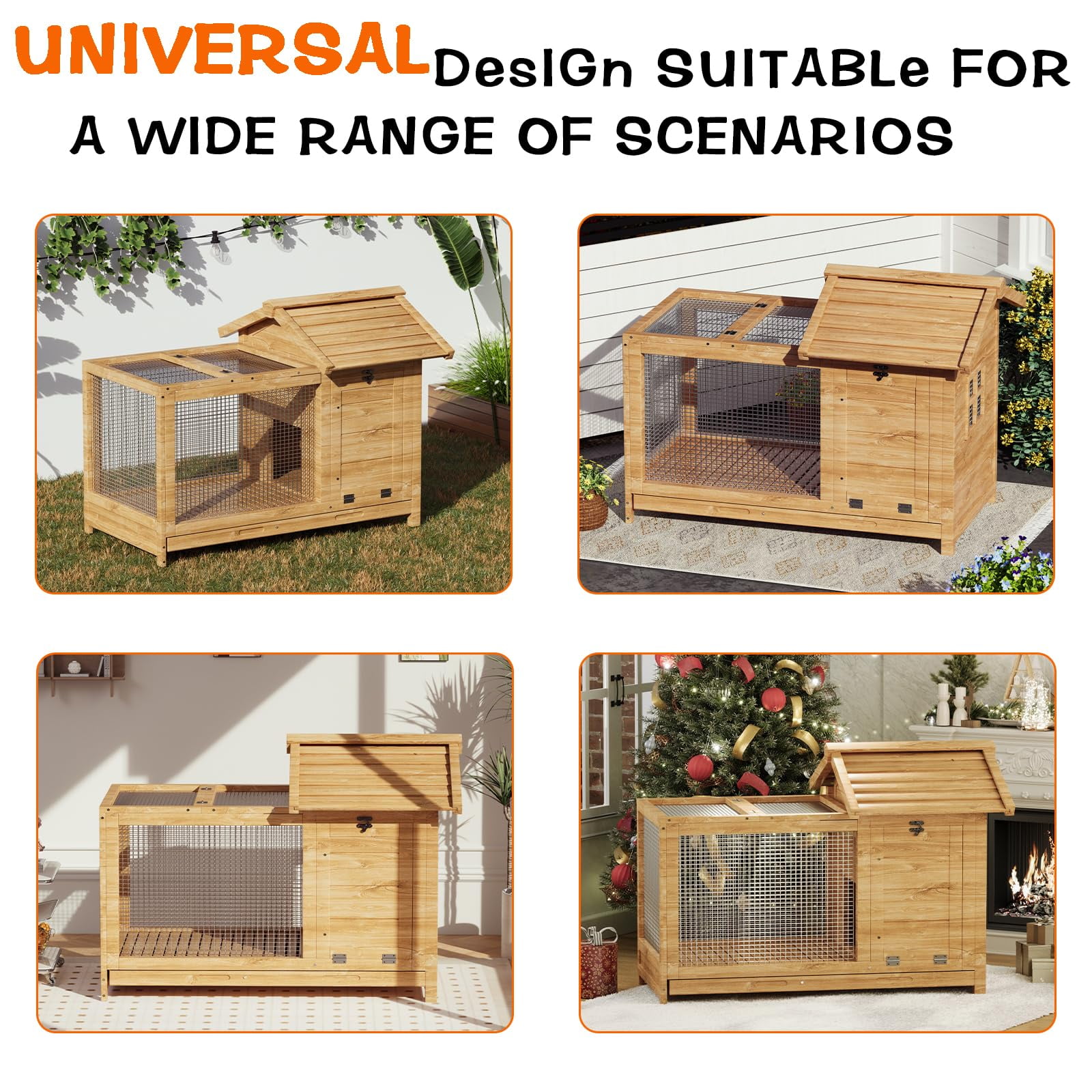 MROOBEST Story Weatherproof Wooden Small Animal Cage Indoor Outdoor Leak Proof Tray Metal Ramp Wood color