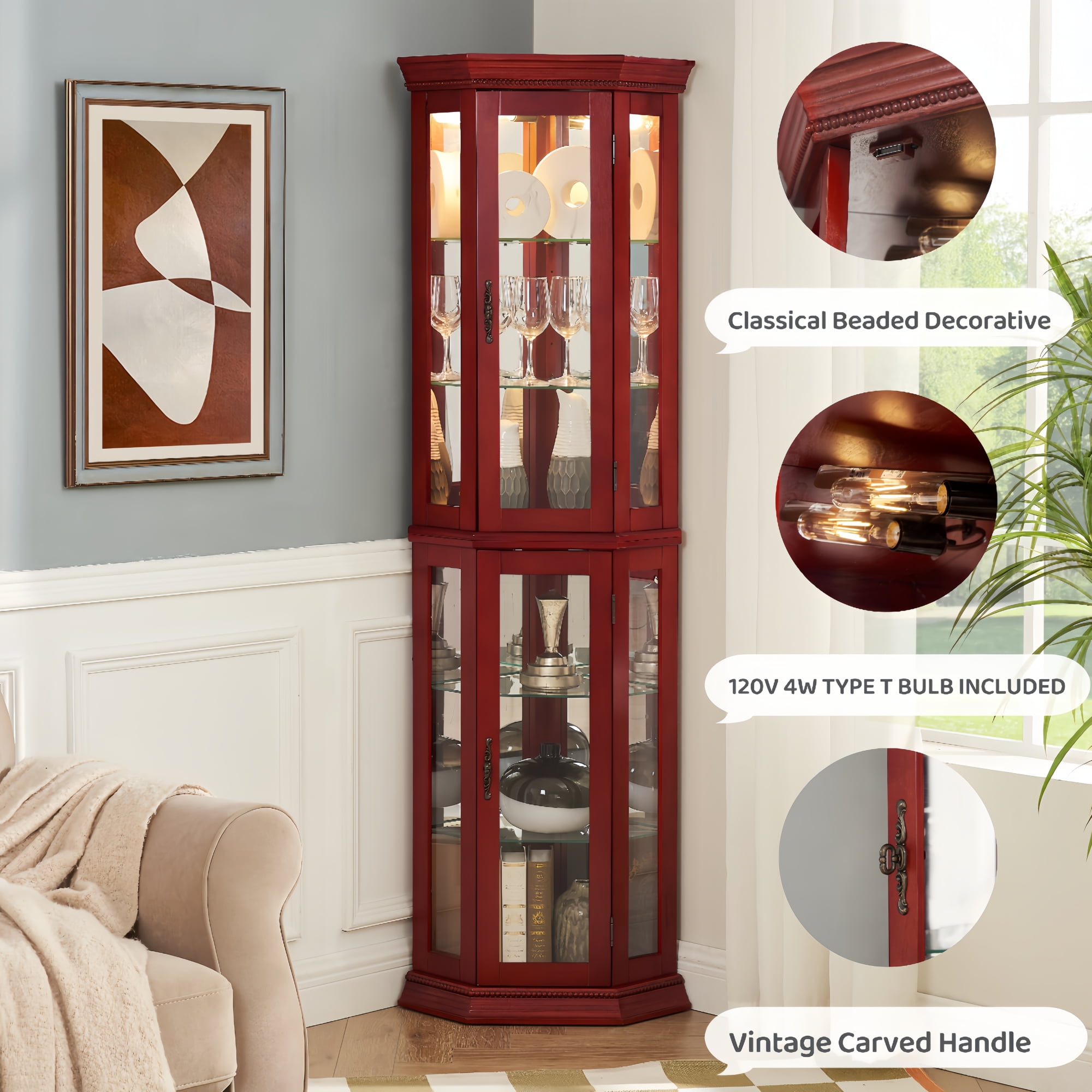 Leumius Corner Curio Display Cabinet, Glass Display Shelf Shelving Bar Cabinet with Tempered Glass Door, Bar Cabinet,Cabinet with Adjustable Shelf Glass Cabinet Shelves for Home Decor Cherry
