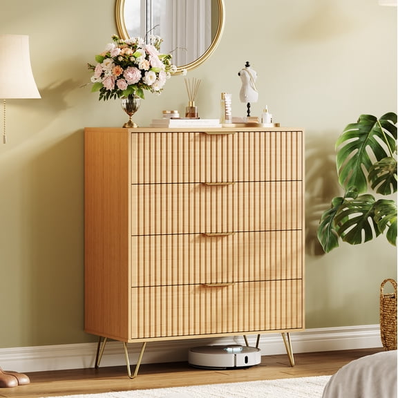M optimized 4 Drawers Fluted Dresser for Bedroom, Modern Chest of Wooden Chest with Metal Handle, Clothes Storage Organizer, Closet Dresser & TV Stand for Living Room, Hallway