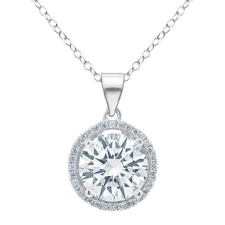 Cluster Jewelry - Sophia 18k White Gold Plated Circle Halo Pendant Necklace - Silver Halo Necklace w/Solitaire Round Cut Cubic Zirconia Diamond Cluster - Wedding Anniversary Jewelry - MSRP - $150
