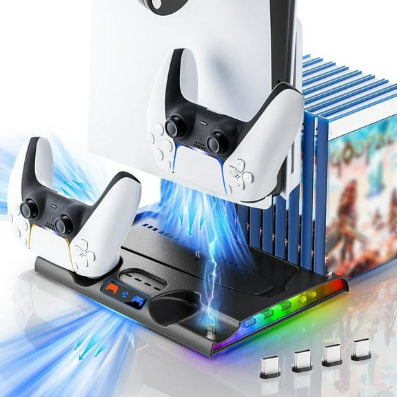 Console Cooling Base for PS5 Slim, Dual Gamepad Dock Charger Storage Stand-Black