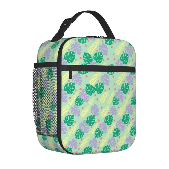 Tropical Insulated Lunch Bag Stylish Palm Leaf Reusable Cooler Tote with Front Pocket Handheld Portable Meal Prep Bag for Work Office Travel