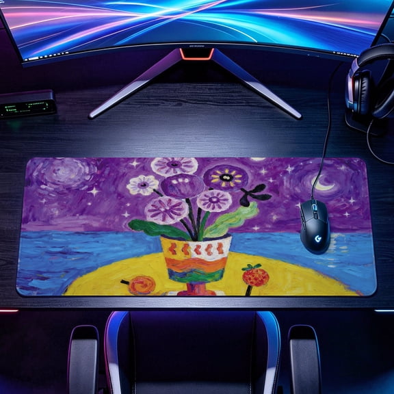 Extra Large starry night purple flower vase oil painting art Mouse Pad，Non Slip Rubber Pad，Desktop Decoration Drotection Pad，Washable，Lock Edge Multi Size，Premium Multipurpose Mousepad
