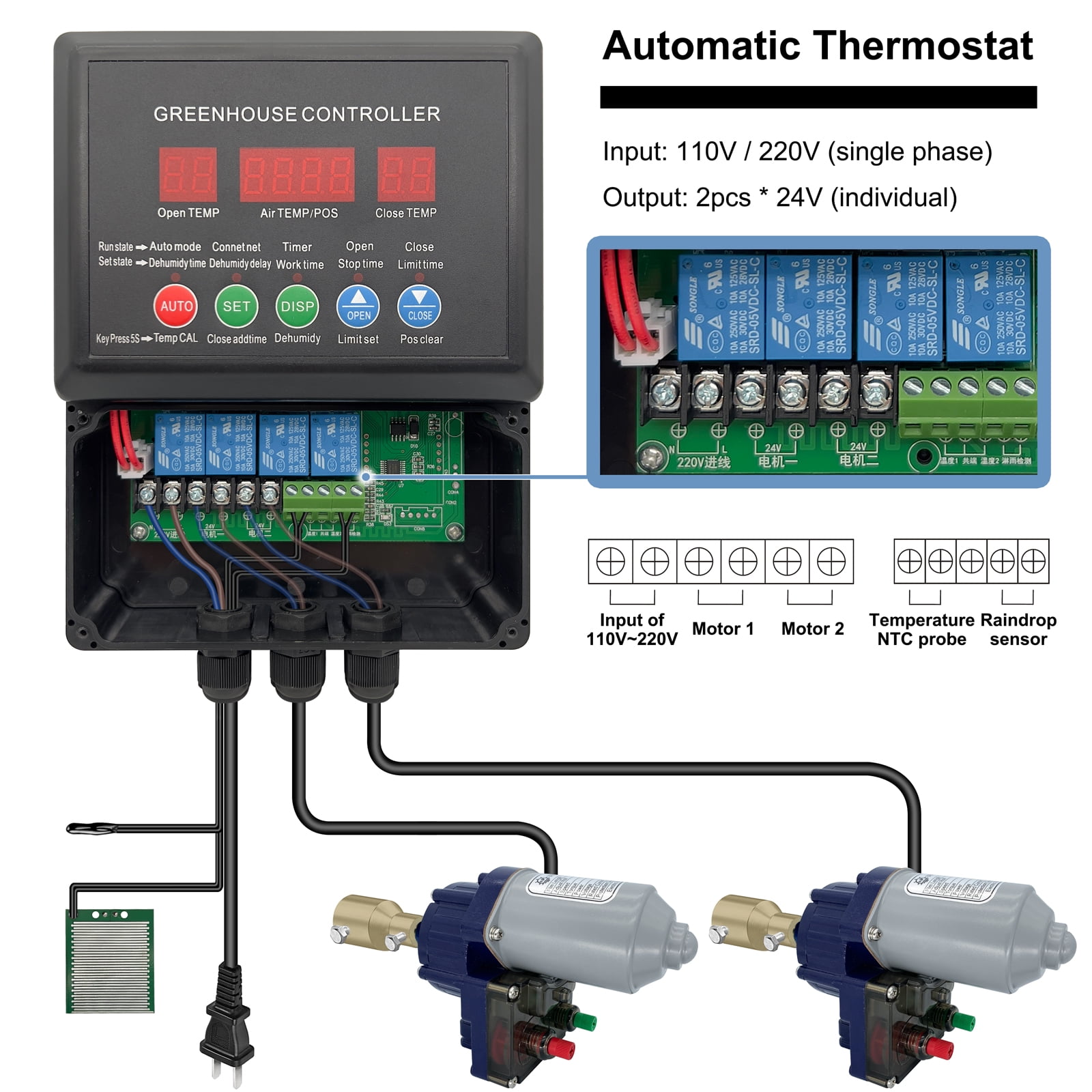 UYGALAXY Top Roll Up Motor System, 2 Pack Electric Greenhouse Film Roll Up Motors + Electric Intelligent Thermostat Controller (AC110V to DC24V) for Greenhouses Ventilation, Automatic Venting Kit