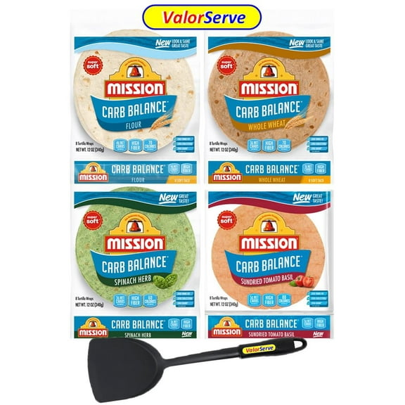 Mission Carb Balance Tortilla Variety Pack - Low Carb Tortillas - Keto Friendly - Flour, Whole Wheat, Spinach Herb, and Tomato Basil - 12 oz 8 Count, 4 Packs - with ValorServe Quesadilla Spatula