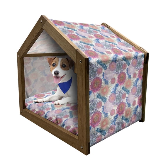 Dahlia Pet House, Various Color and Size Mexican Native Plant Species Arranged as Overlapping Forms, Outdoor & Indoor Portable Dog Kennel with Pillow and Cover, 5 Sizes, Multicolor, by Ambesonne