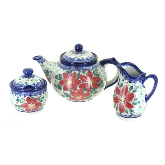 Blue Rose Polish Pottery Poinsettia 3 Piece Tea Set