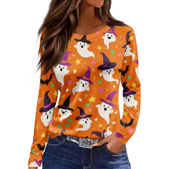 DORKASM Women's Halloween Shirts Round Neck Spooky Trendy Sweatshirt Long Sleeve Skeleton Funny Print 2026 Pullover Ghost Graphic Vacation Fashion Tops Yellow L