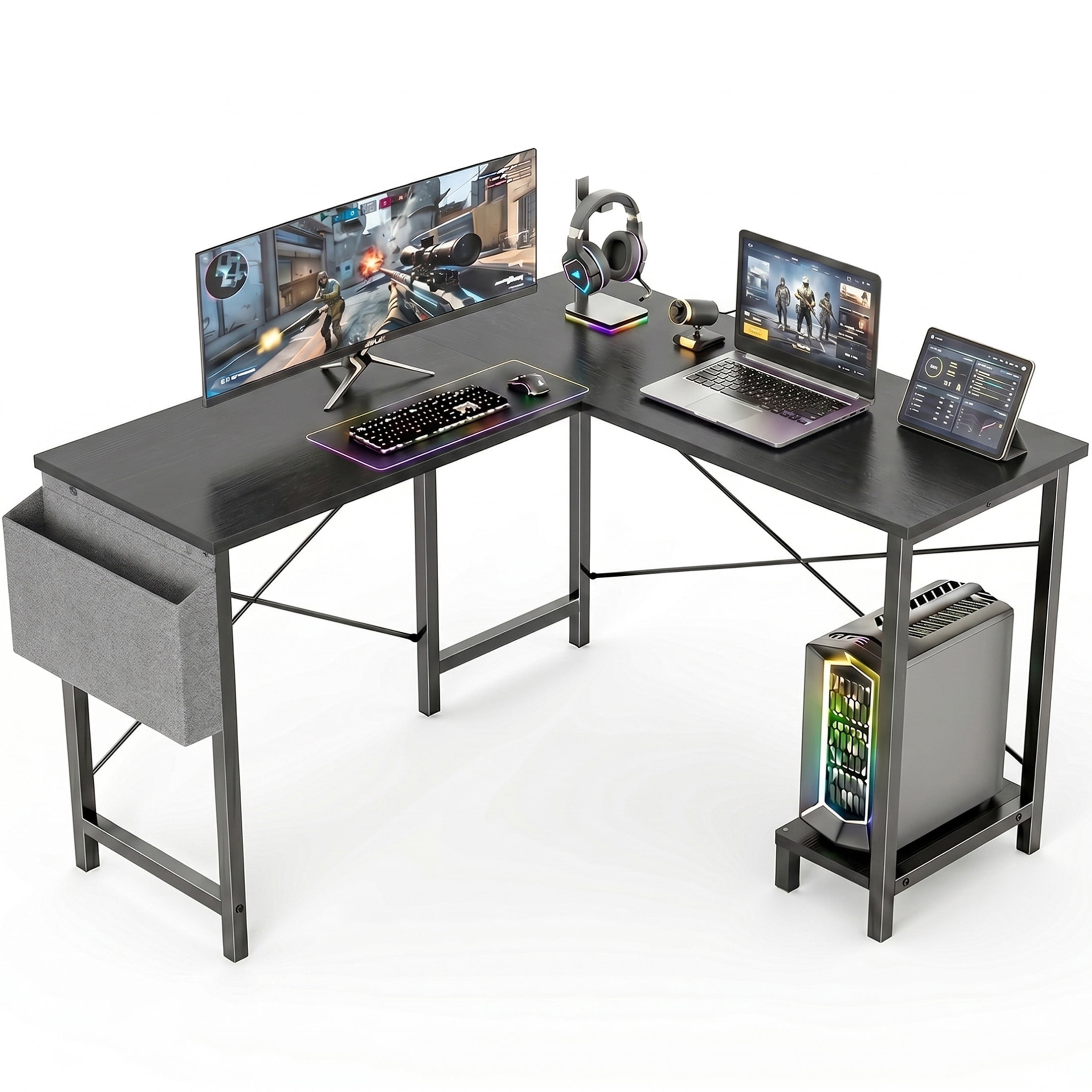 CONCETTA 49 Inch Modern L Shaped Computer Desk with Lower Storage Shelf & Side Bag, Two-Way Convertible Corner Gaming Table for Home Office, Black
