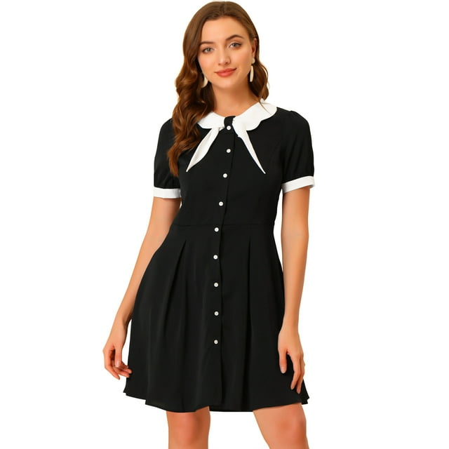 INSPIRE CHIC Women's Fit and Flare Contrast Color Bowtie Neck Dress