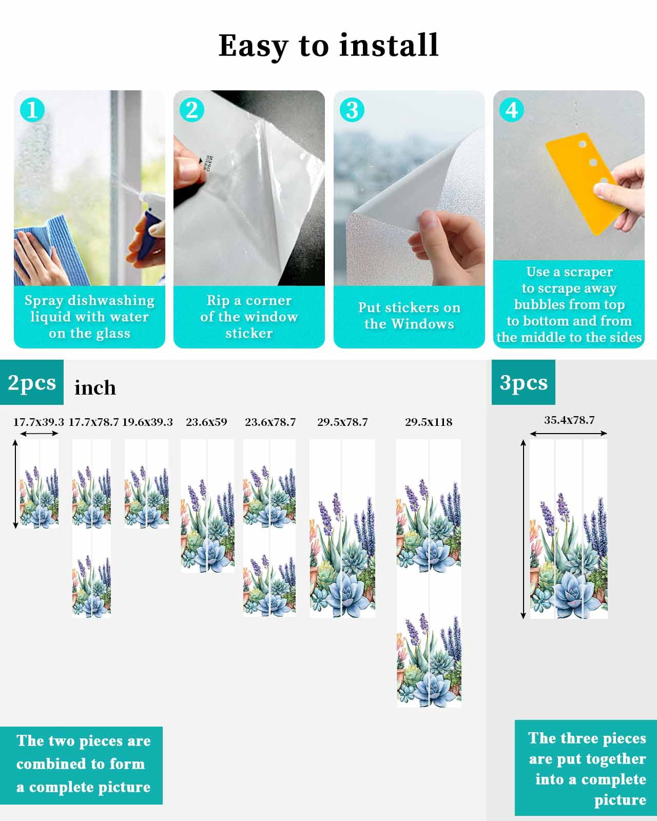 Window Privacy Film Succulent Stained Glass Window Film Decorative Sun Block Window Cover Spring Botanical Tropical Flower Window Clings Static Adhesive Sticker for Bathroom 29.5"x118"