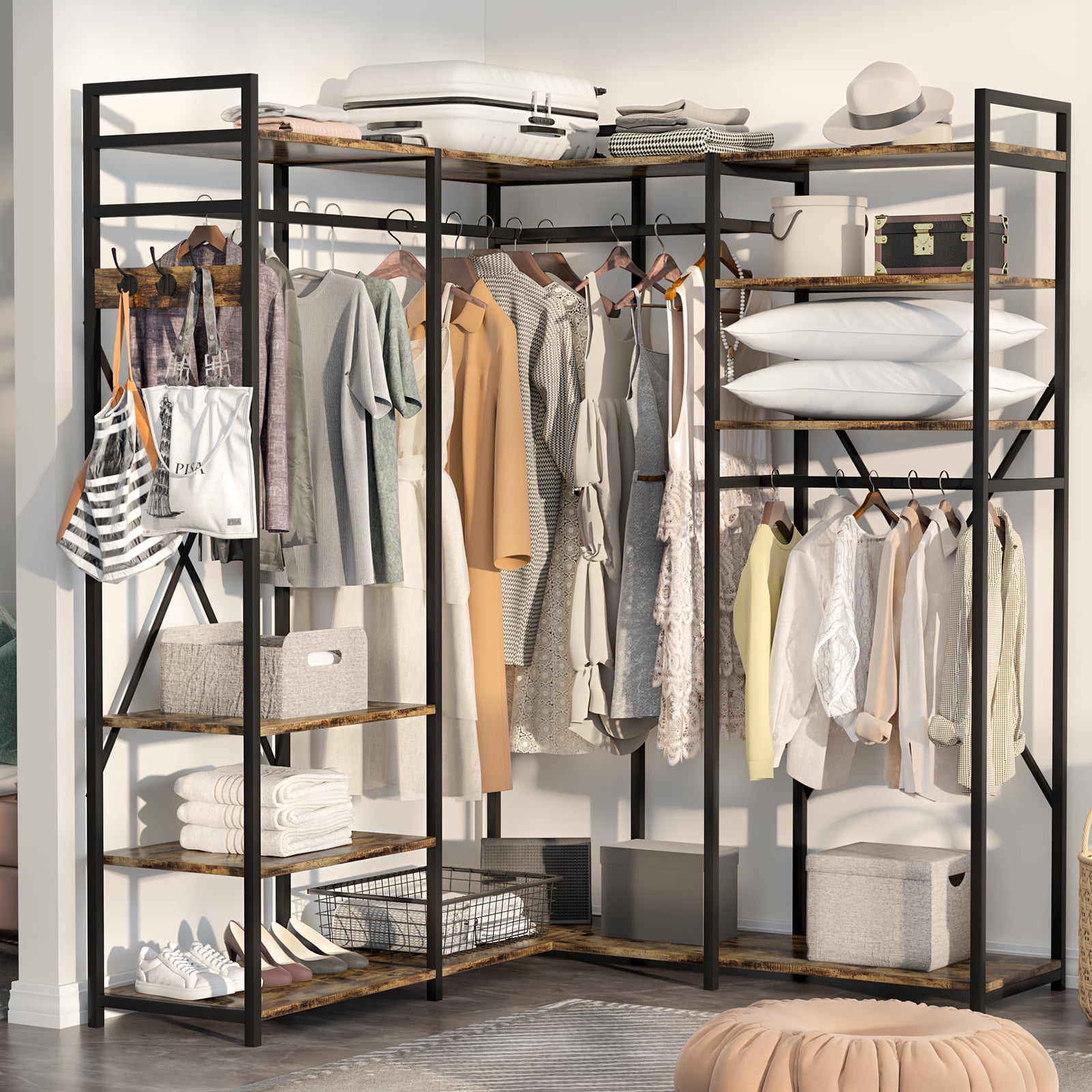 PAKASEPT L Shaped Closet Organizer, Freestanding Corner Clothes Garment Rack with 4 Hanging Rods