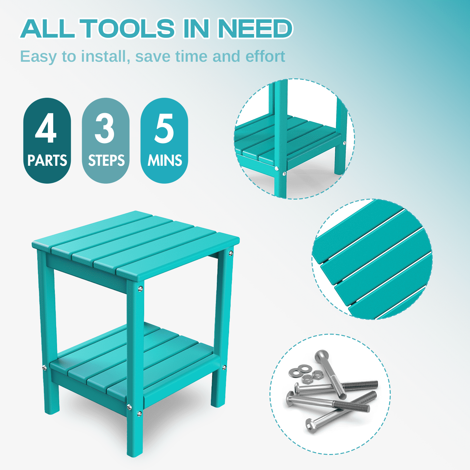 Pipopa Adirondack Outdoor Side Table Set of 2,HDPE All Weather Double Layer Patio Side Table,Rectangular End Table for Garden Balcony Pool,Aqua