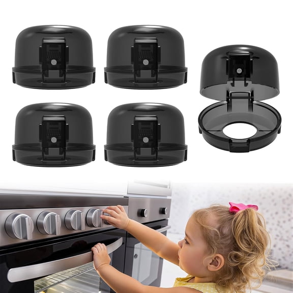 child-safe covers for stove knobs - heat-resistant and oil-resistant protectors - strong adhesive locks for gas stove and oven knobs, semi-transparent black