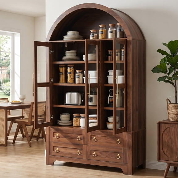 DTTRA 72.8" Tall Arched Kitchen Pantry Cabinet with 3 Glass Doors and 4 Drawers, Walnut