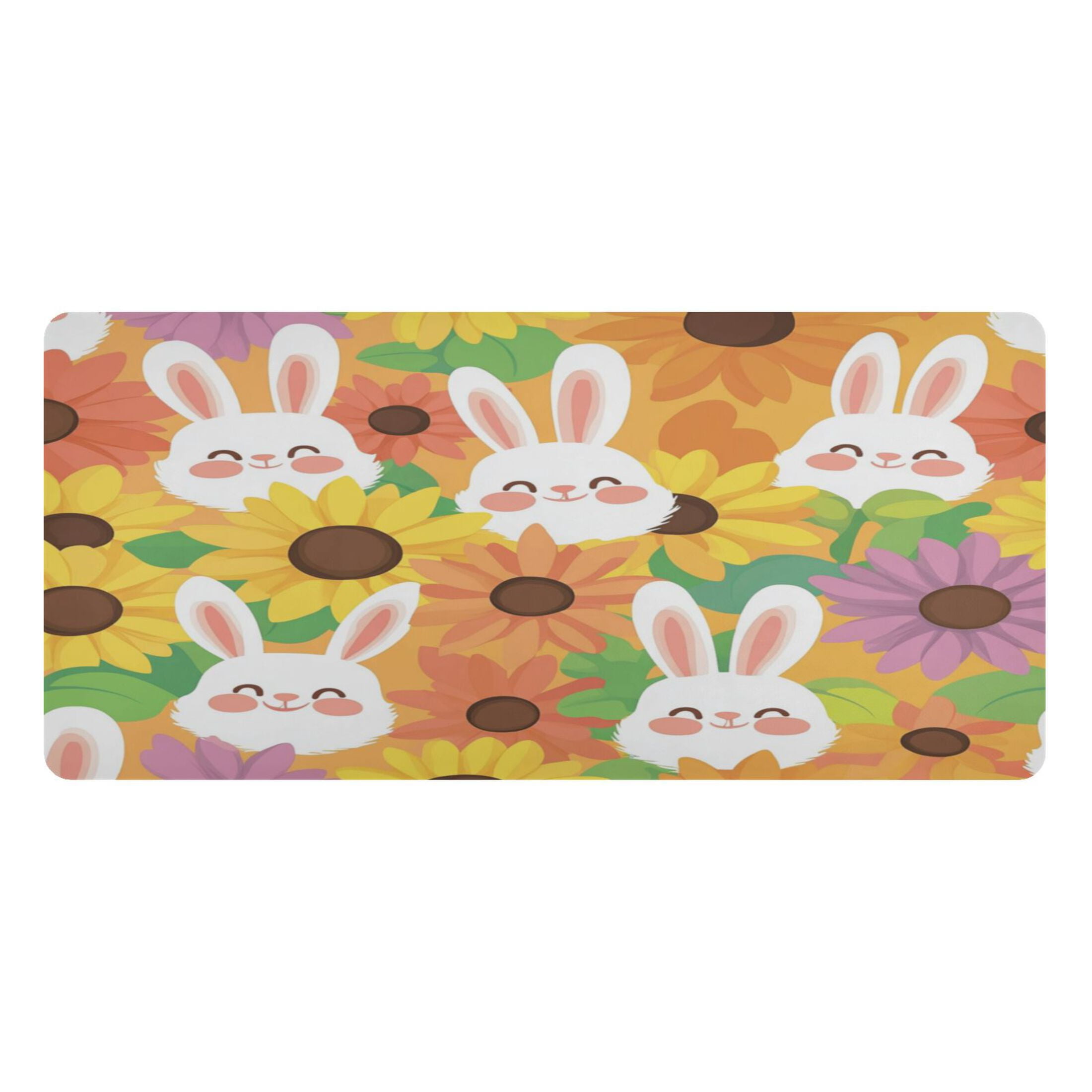 Leather Keyboard and Mouse Desk Mat Office Desk Accessories Protective Office Desk Decor Desk Pad Mat for Gaming, Work from Home, Office Smiling Bunnies with Sunflowers 16.5" x 35.4"