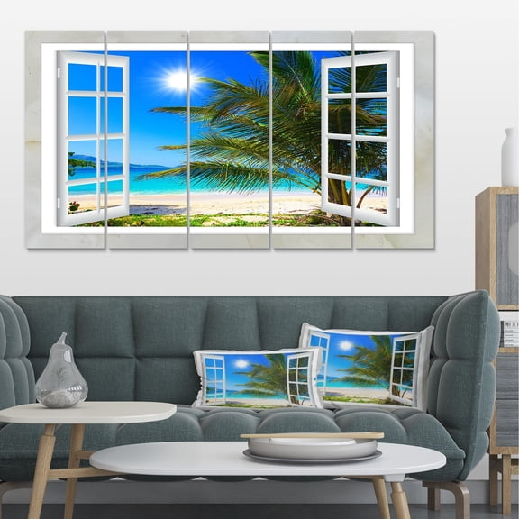 Designart 'Window Open to Beach with Palm ' Extra Large Seashore Canvas Art