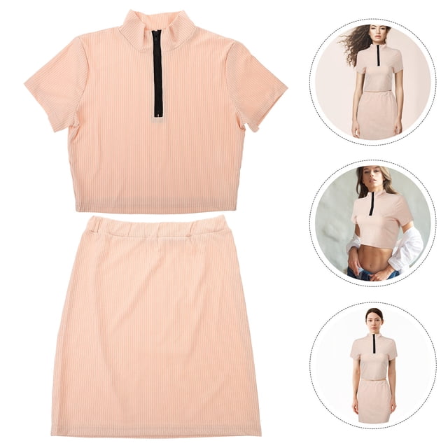 GOOHOCHY 1Jgo Atuendo Femenino Con Top De Manga Corta Y Falda Ajustada En Color Beige Para Eventos