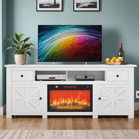 DEXTRUS 70'' Farmhouse TV Stand for TVs up to 80", LED Entertainment Center with Power Outlets & Cabinets and Drawers, Fit for 23" Fireplace(NOT Included) , White