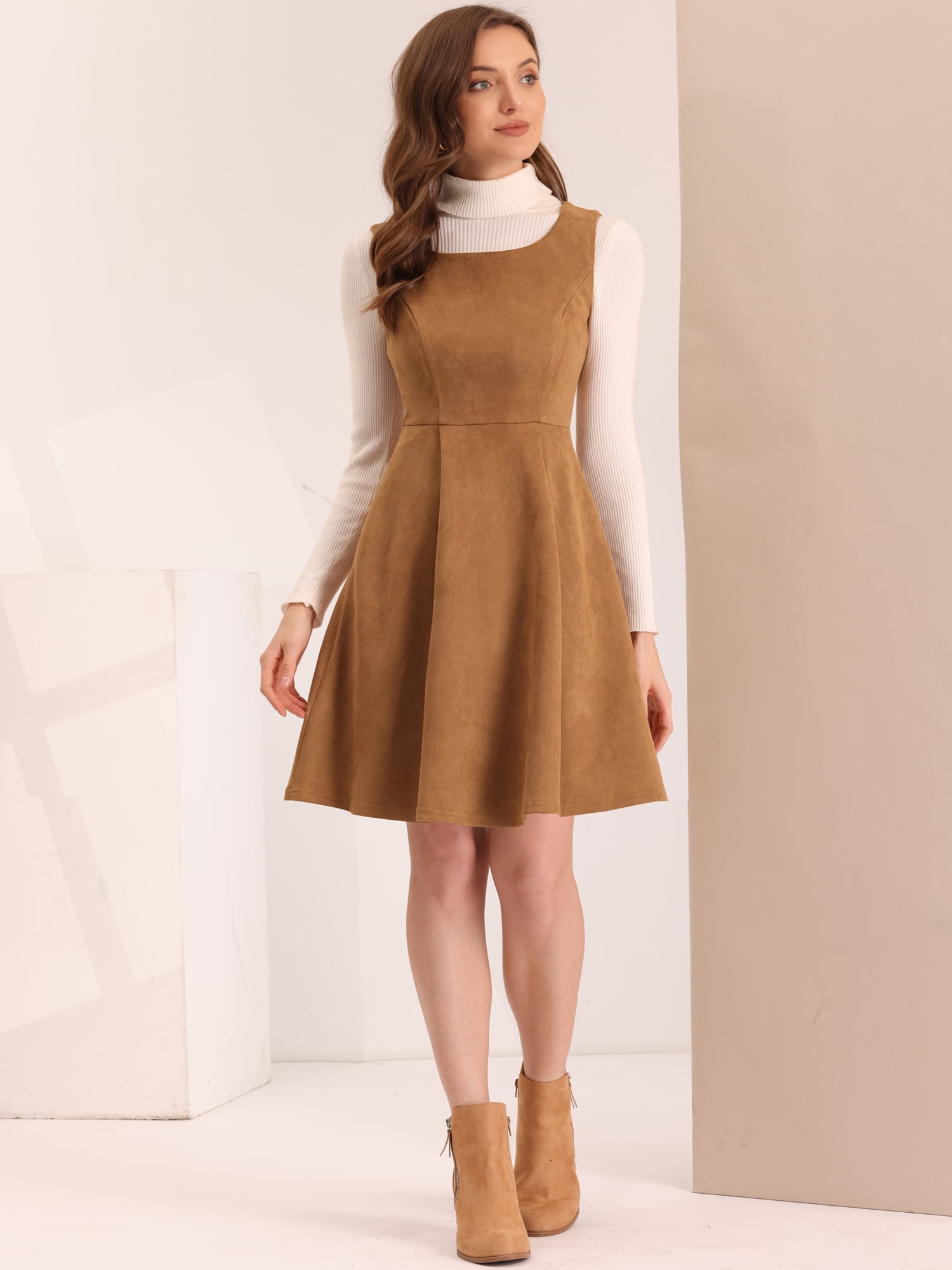 DARING DIVA Round Neck Sleeveless A-Line Pleated Faux Suede Overall Dress XL Brown