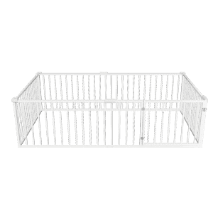 Twin Size Minimalist Metal Floor Bed Frame, Montessori Bed with Fence and Door, Low Children Bed for Boy & Girl, White