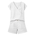 thumbnail image 4 of Ecqkame Two Piece Sets for Women Summer Casual Solid Color Linen Top and Elastic Waist Shorts Lightweight Outdoor Vacation Outfit Set White L, 4 of 7