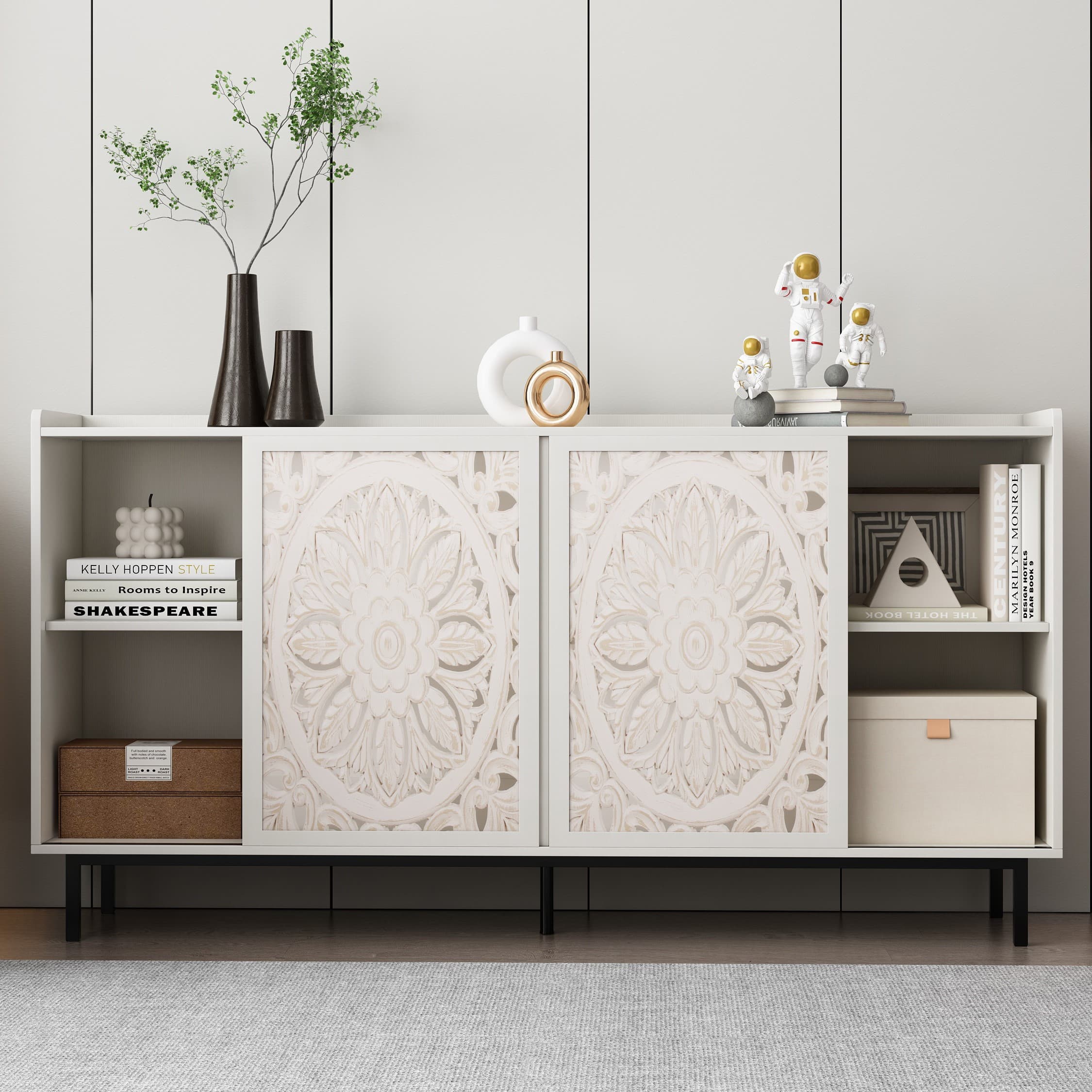 Aukfa Accent Cabinet with Carved Wood Design, Buffet Sideboard & TV Stand for Living Room, Dining Room,White