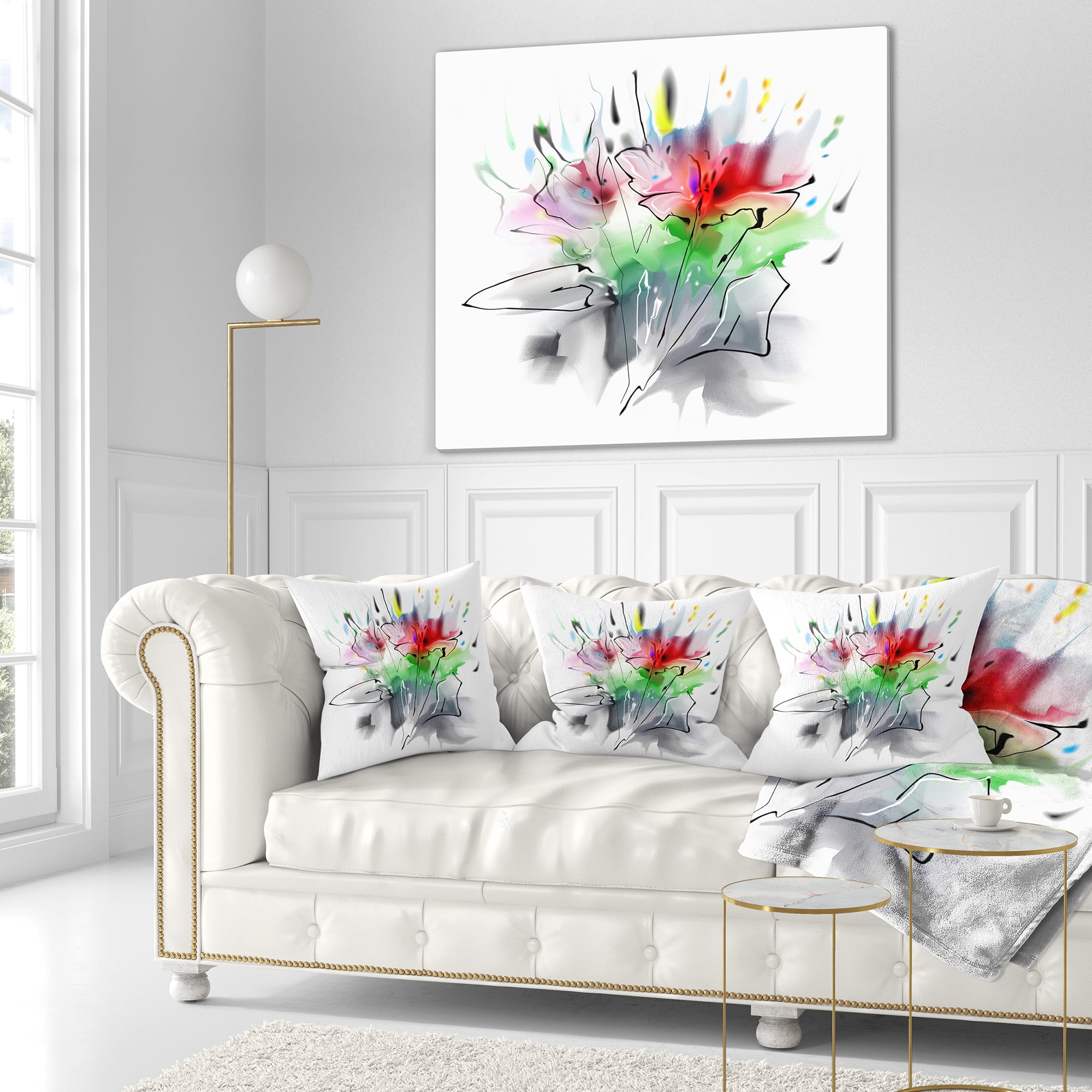 Designart Textured Red Green Floral Design - Floral Throw Pillow - 16x16